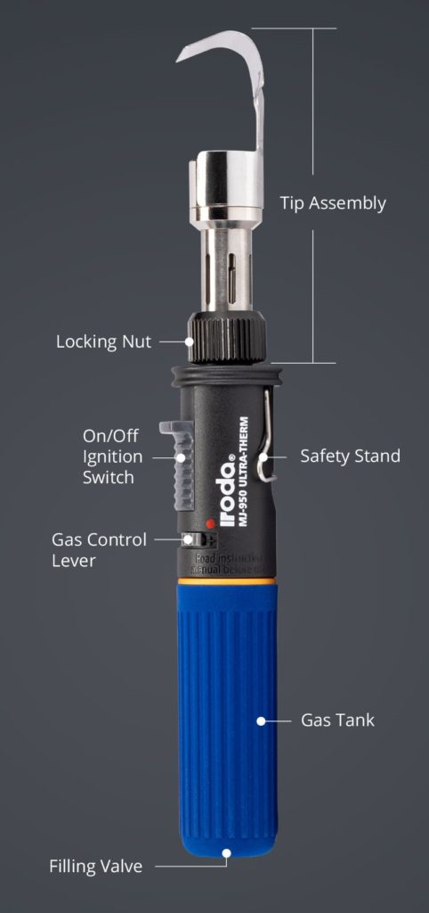 Description of pro-iroda's MJ-950 butane torch with heat shrink deflector perfect for large heat shrinking projects.
