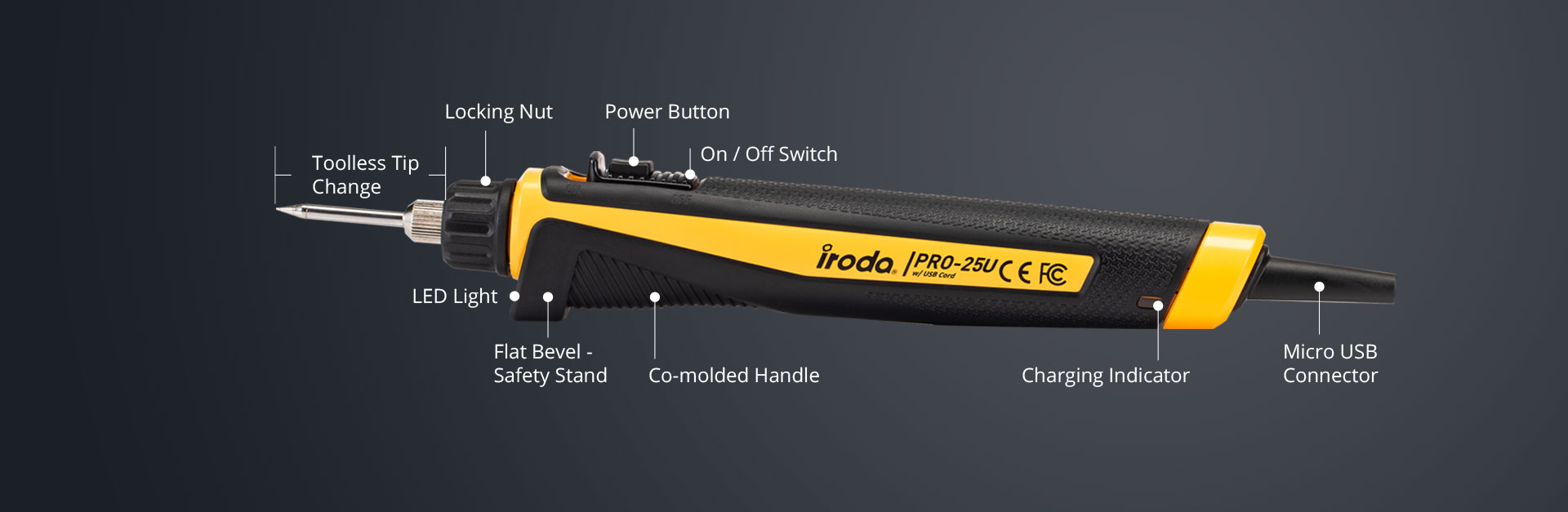 Main key features and description of PRO-25U Professional USB Cordless Soldering Iron from Pro-Iroda