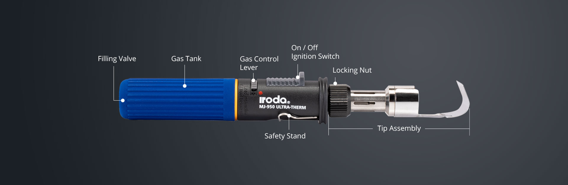 Iroda MJ-950 Pen type heat gun is a 75min burn time non stop professional butane heat gun from Pro-Iroda