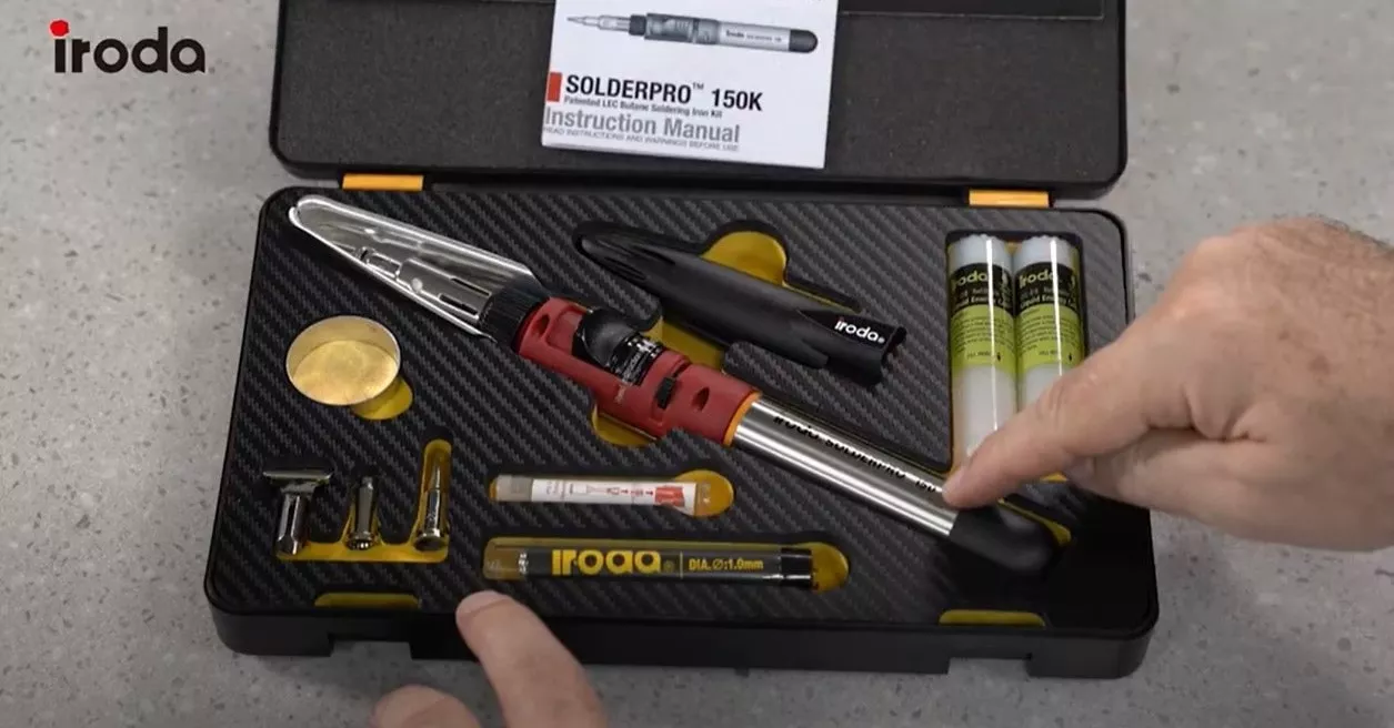 SOLDERPRO 150 Professional Butane Soldering Iron Kit fits nicely into the soldering kit and comes with 3 additional soldering tips