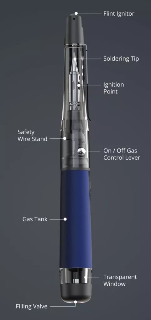 Vertical Description of SOLDERPRO 70 Compact Butane Soldering Iron from Pro-Iroda