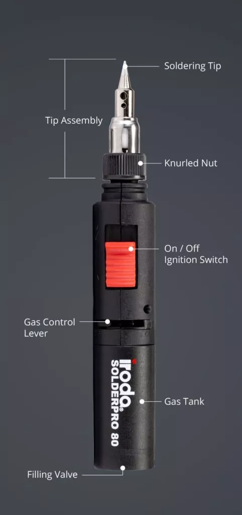 Vertical Description of SOLDERPRO 80 Professional Butane Soldering Iron from Pro-Iroda