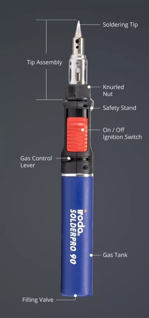 Vertical Description of SOLDERPRO 90 Professional Butane Soldering Iron from Pro-Iroda