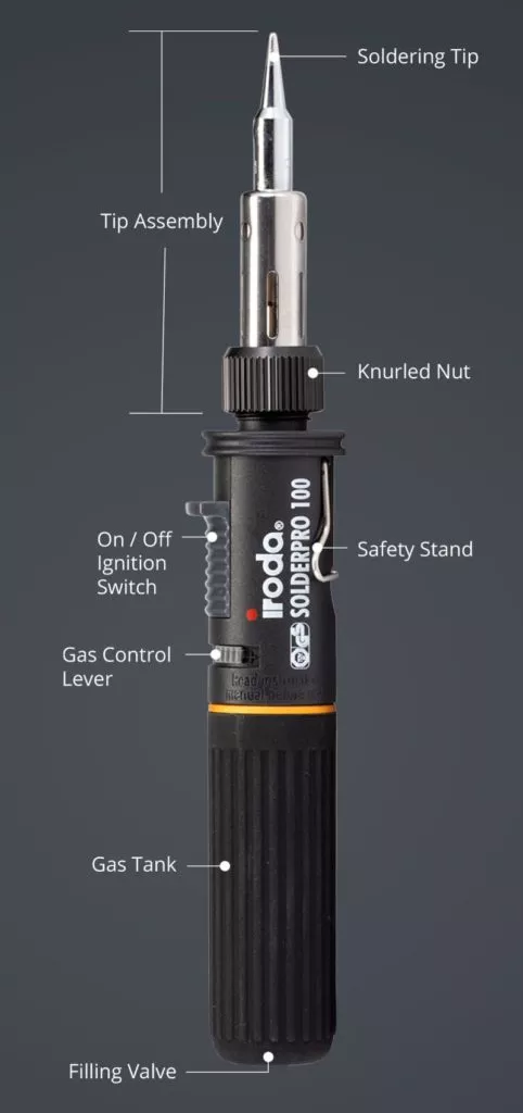 Vertical Description of SOLDERPRO 100 Professional Butane Soldering Iron from Pro-Iroda