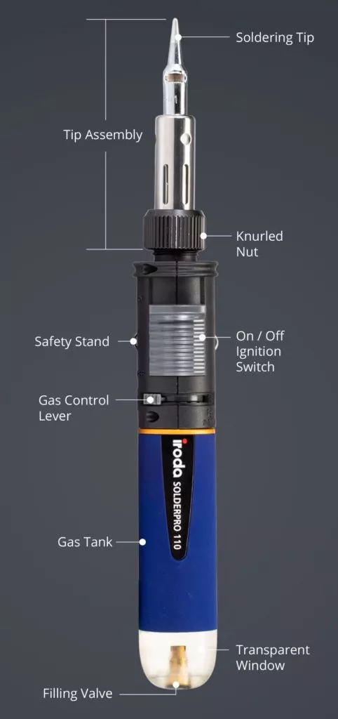 Vertical Description of SOLDERPRO 110 Professional Butane Soldering Iron from Pro-Iroda