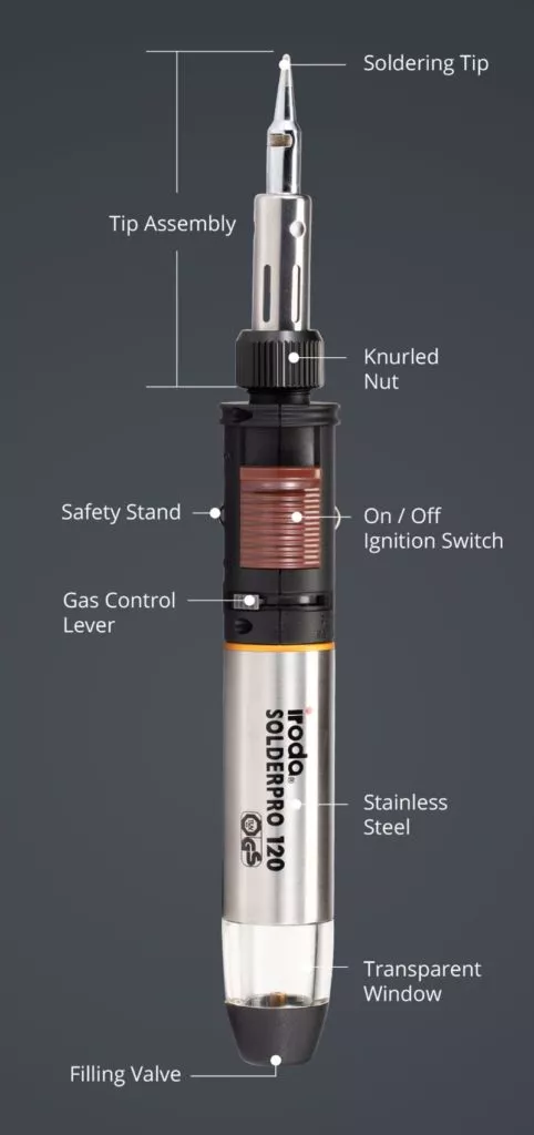 Vertical Description of SOLDERPRO 120 Professional Butane Soldering Iron from Pro-Iroda