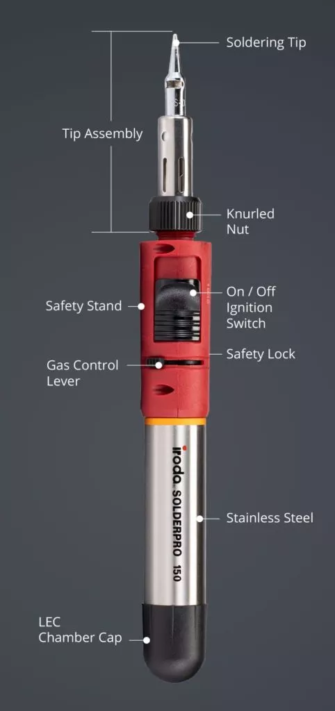 Vertical Description of SOLDERPRO 150 Professional Butane Soldering Iron from Pro-Iroda