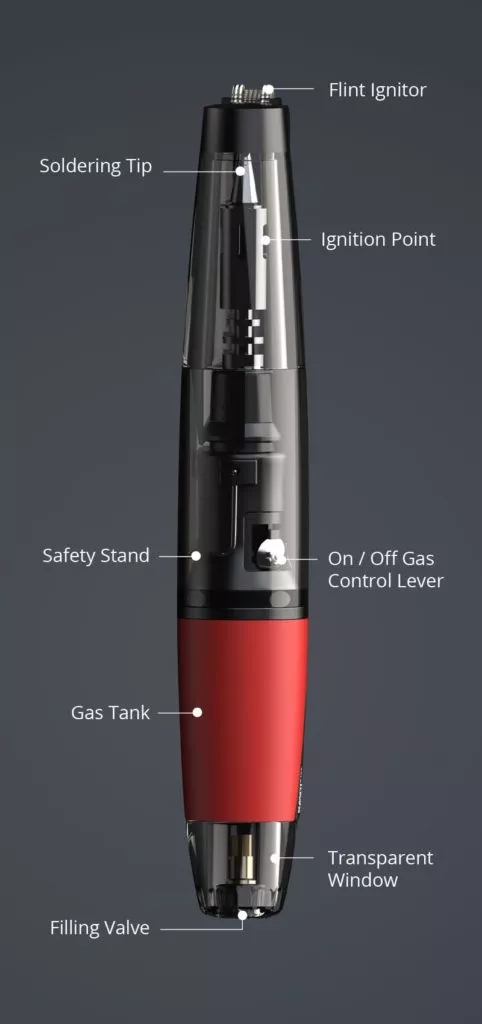 Vertical Description of SOLDERPRO 50 pocket Sized Butane Soldering Iron from Pro-Iroda