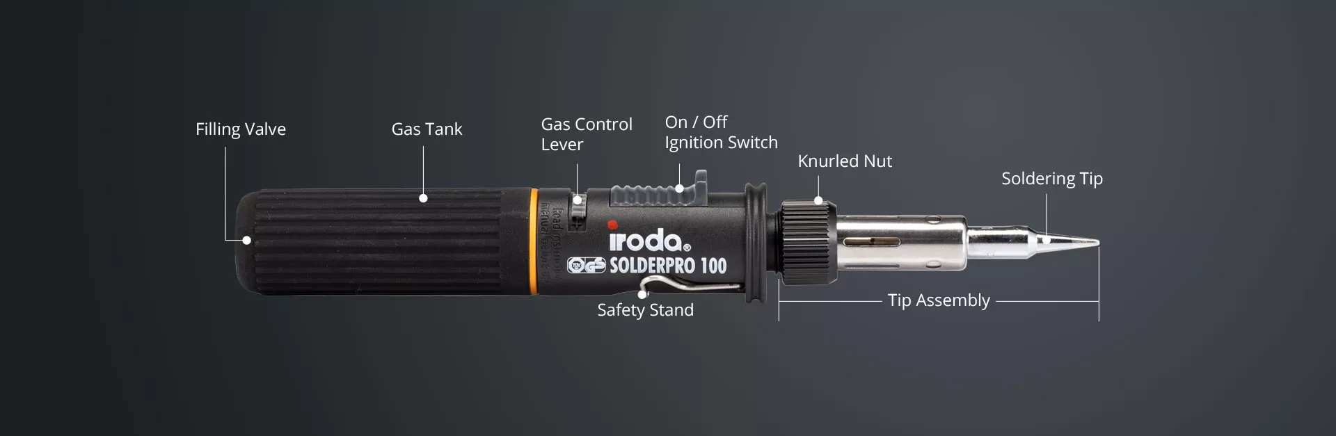 Horizontal Description of SOLDERPRO 100 Economic Professional Butane Soldering Iron from Pro-Iroda