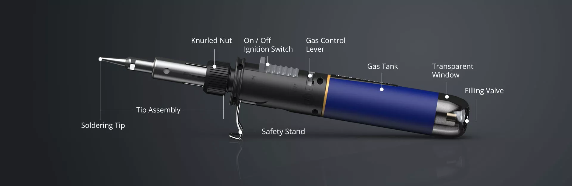 Horizontal Description of SOLDERPRO 110 Classic Professional Butane Soldering Iron from Pro-Iroda