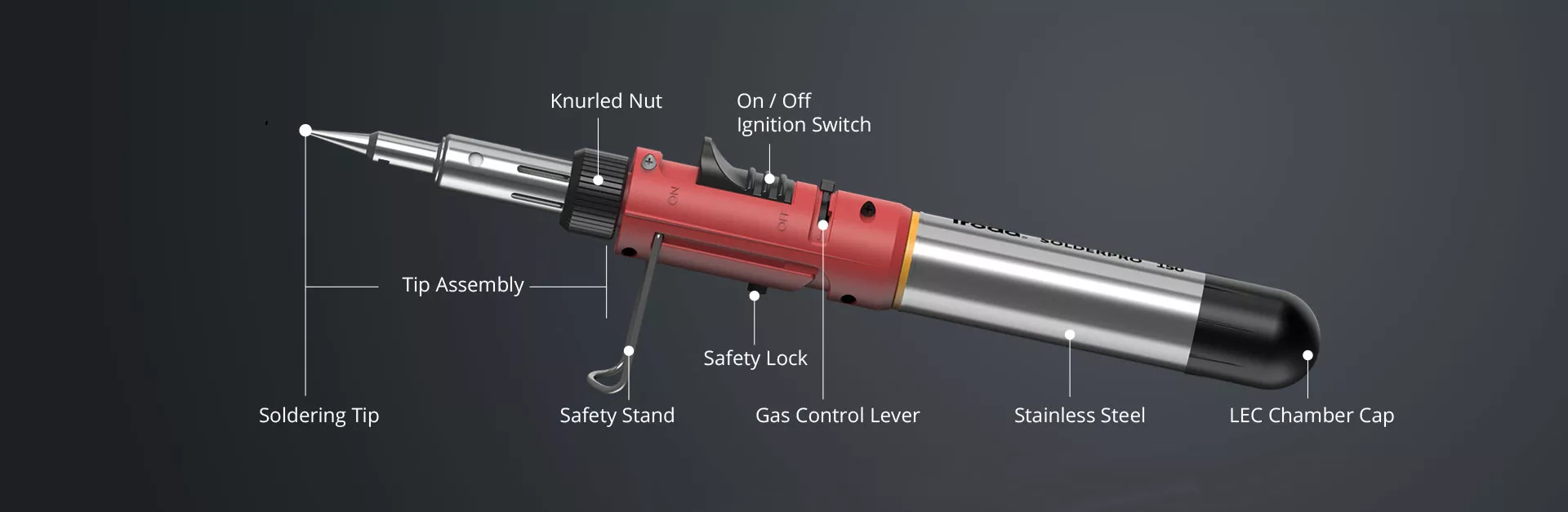 Horizontal Description of SOLDERPRO 150 Child Friendly Professional Butane Soldering Iron from Pro-Iroda