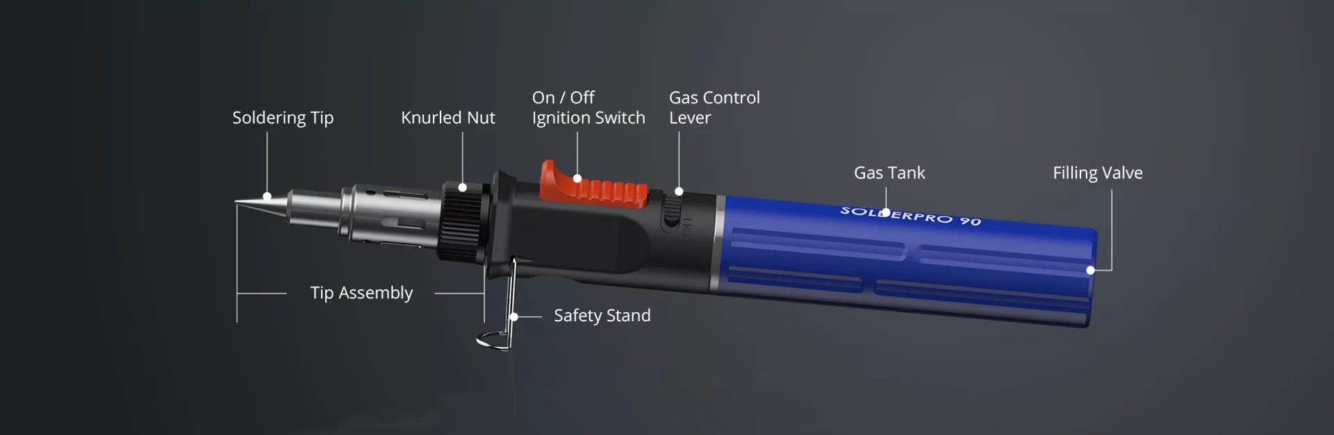 Horizontal Description of SOLDERPRO 90 Entry-level Professional Butane Soldering Iron from Pro-Iroda